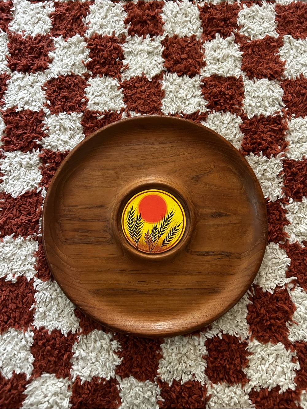 Vintage 70s Wooden Serving Tray with Decorative Sun & Wheat Inlay - Brown